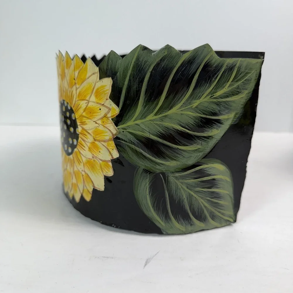 Hand Painted JJ Sunflower Wall Basket Planter Small Metal Yellow Toleware